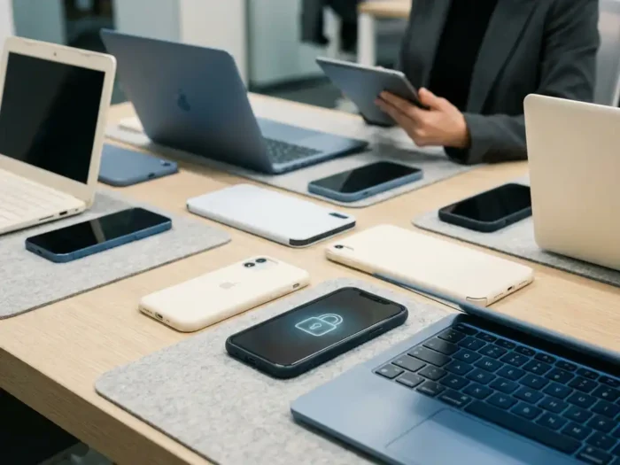 Smartphones en laptops op zakelijk bureau, één apparaat met vergrendelscherm, hand houdt tablet vast op achtergrond.