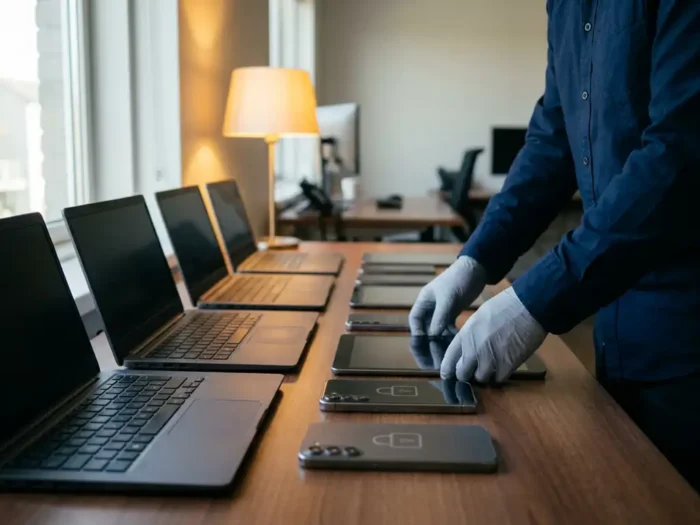 IT-beheerder beheert rij laptops, tablets en smartphones op kantoorbureau met padlocksymbool op apparaatbehuizing.
