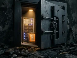 Beschadigde digitale kluisdeur beschermt gloeiende externe harde schijf en serverrack tegen brandschade, verlicht door warm amber licht.