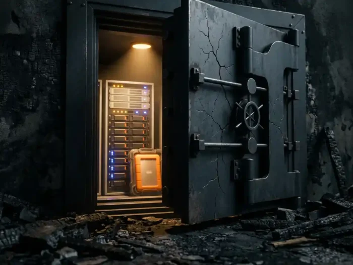Beschadigde digitale kluisdeur beschermt gloeiende externe harde schijf en serverrack tegen brandschade, verlicht door warm amber licht.