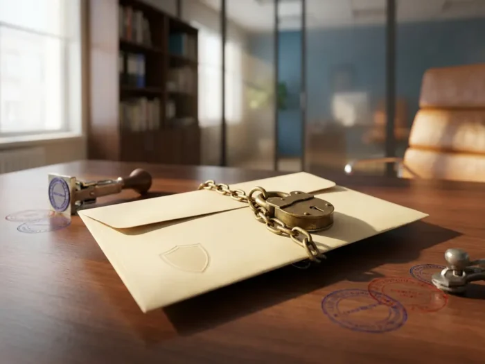 Verzegelde envelop met messing hangslot en reliëfschild op zakelijk bureau, omringd door authenticatiestempels.