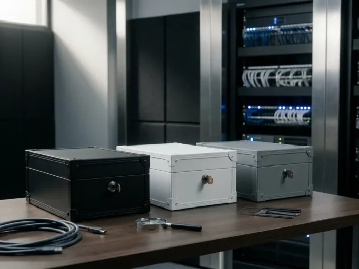 Drie vergrendelde metalen kluisjes in zwart, wit en grijs op het bureau van een beveiligingsanalist, met serverapparatuur op de achtergrond.