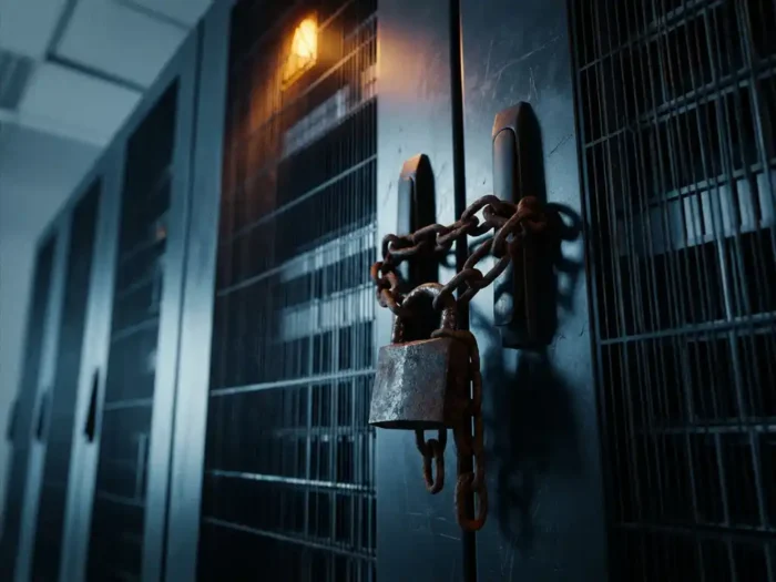 Verroest ijzeren hangslot met zware kettingen om een serverrack in een donkere serverruimte met waarschuwend oranje licht.