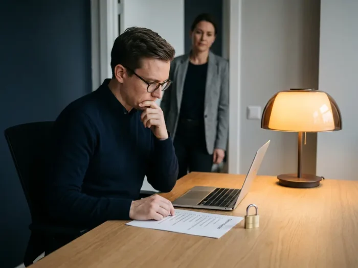 Kantoormedewerker aan modern bureau met uitgeprinte checklist en hangslot naast laptop, manager op achtergrond, sfeervolle werkplek.
