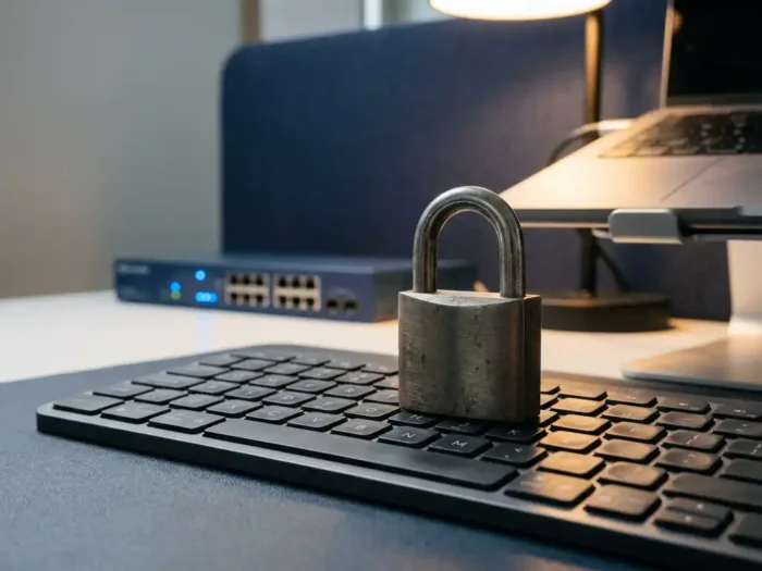 Stalen hangslot op een modern toetsenbord met blauwe netwerklampjes op de achtergrond, symbool voor digitale beveiliging.