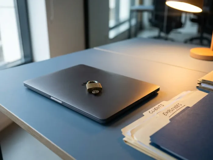 Gesloten laptop met hangslot op het deksel, omringd door personeels- en klantendossiers op een modern kantoorbureau.