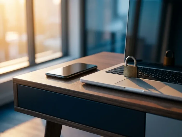 Laptop en smartphone op kantoorbureau met fysiek hangslot op toetsenbord, warm raamlicht en zakelijke blauwtinten.