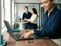 Professional gebruikt vingerafdrukscan om laptop te ontgrendelen, met hardware beveiligingssleutel op modern kantoorbureau.