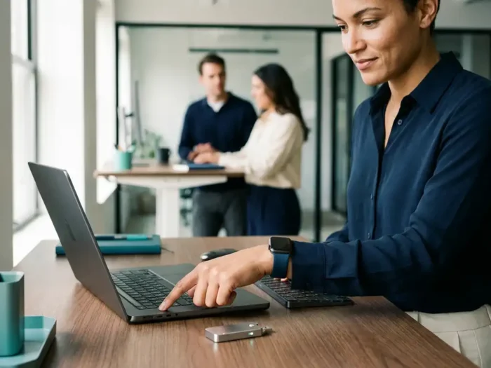 Professional gebruikt vingerafdrukscan om laptop te ontgrendelen, met hardware beveiligingssleutel op modern kantoorbureau.