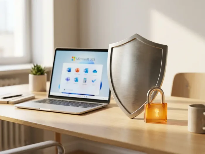 Stalen schild met gloeiend amberkleurig hangslot op een modern bureau naast laptop met Microsoft 365, symbool voor digitale beveiliging.