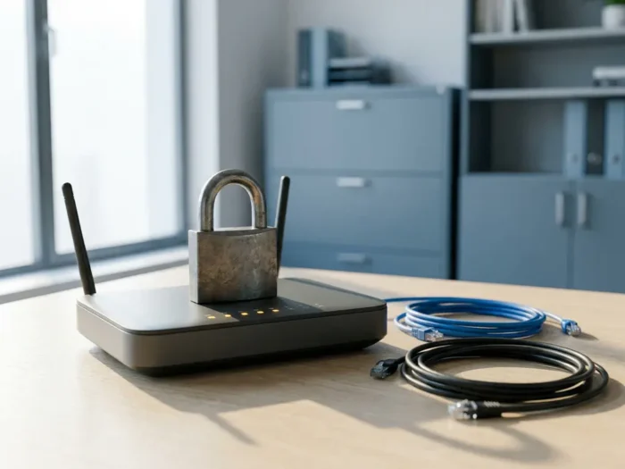 Stalen hangslot op een draadloze router in kantooromgeving, met netwerkkabels op de achtergrond, symbool voor netwerkbeveiliging.