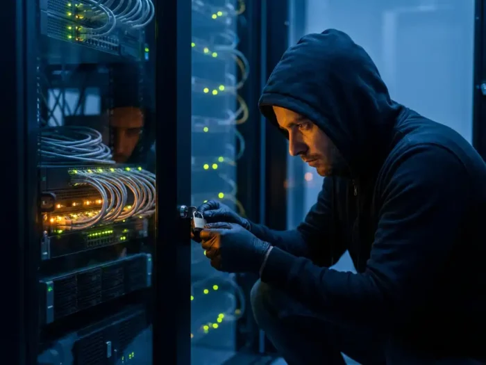 Cybersecurityprofessional onderzoekt fysiek slot op netwerkrack in donkere serverruimte, omgeven door kabels en knipperende LED-lampjes.