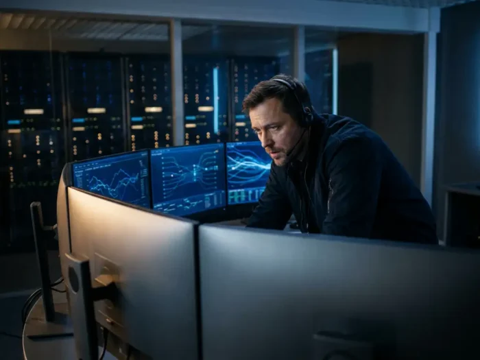 Beveiligingsanalist aan een gebogen multi-monitorwerkstation met blauwe dashboards en netwerkactiviteit in een donkere operationele ruimte.