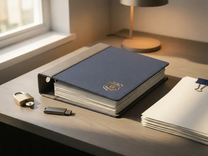 Open beveiligingsbinder op modern bureau naast een hangslot, USB-sleutel en beleidsdocumenten in marineblauw en warmgrijs.