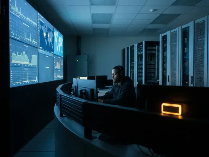 Beveiligingsprofessional bewaakt netwerkdashboards in donkere serverruimte, blauwe schermgloed op serverracks, één oranje waarschuwingsindicator zichtbaar.