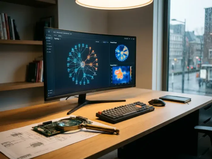 Cybersecurity-analist bureau met monitor waarop netwerkkaarten en dreigingsheatmaps zichtbaar zijn, vergrootglas op uitgeprint netwerkdiagram.