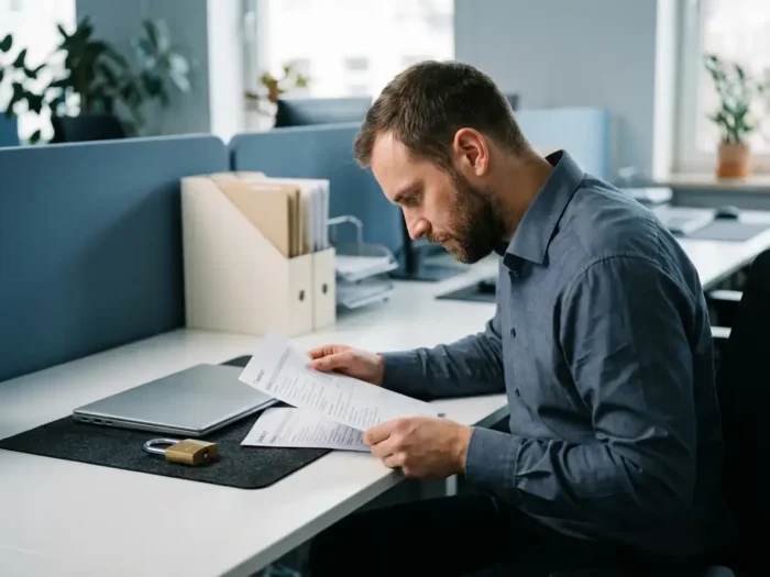 Cybersecurityprofessional bestudeert een beveiligingschecklist aan modern bureau met laptop en fysiek hangslot.