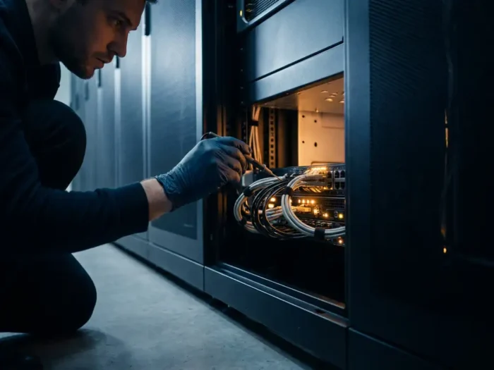 Cybersecurityspecialist met handschoenen onderzoekt serverrack met precisietool in donkere serverruimte met amberkleurig waarschuwingslicht.