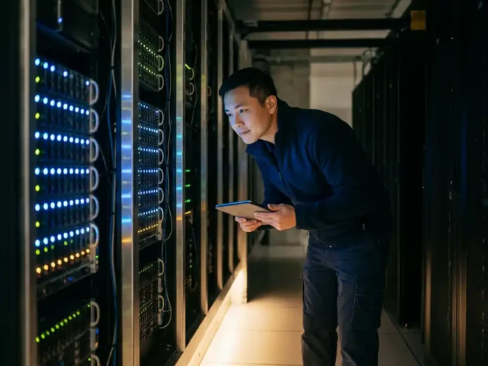 Netwerktechnicus inspecteert serverrack-indicatorlampjes in een donkere datacentergang met blauwe en amberkleurige LED-reflecties.