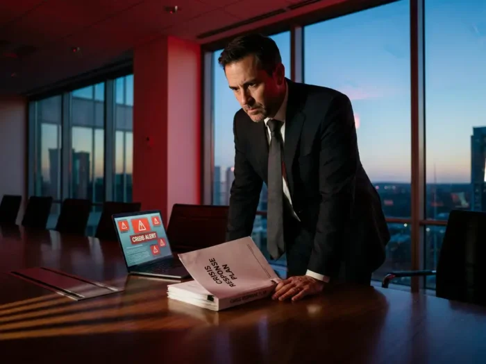 Executive in maatpak bestudeert crisisresponsplan aan vergadertafel, laptop met beveiligingswaarschuwingen en rood noodlicht op de achtergrond.