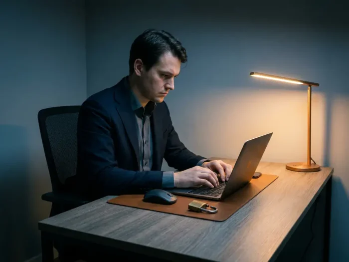 Zakelijke professional typt e-mail aan modern bureau met gebarsten hangslot, symboliek voor datalek, in donkerblauwe en grijze tinten.