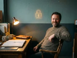 Kleine winkelhouder aan houten bureau terwijl een digitaal slot op de achtergrond ongemerkt opent, zachte amberkleurige verlichting.