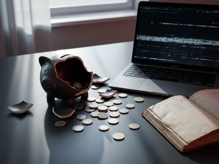 Gebroken spaarpot op kantoorbureau met verstrooide euromunten, keramische scherven en laptop met beschadigd scherm.