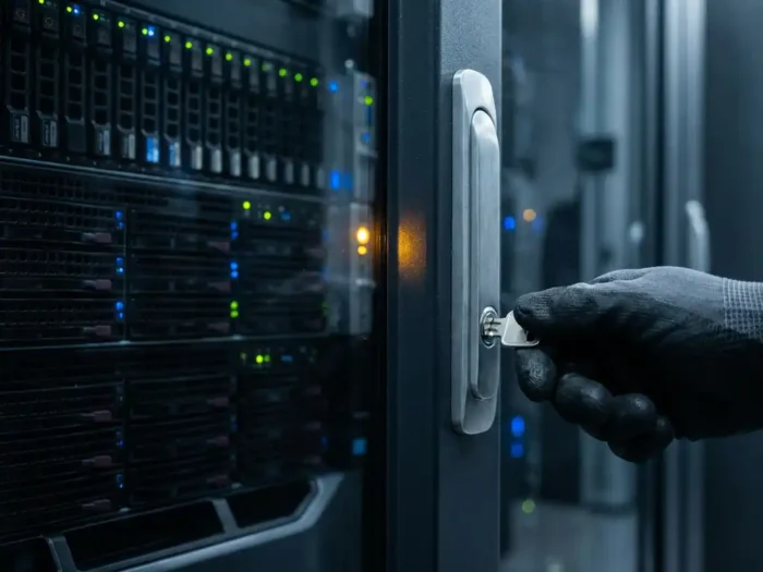 Gehandschoende IT-professional steekt sleutel in serverrack, rijen enterprise servers op de achtergrond in een beveiligde serverruimte.