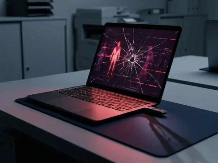 Gebarsten laptopscherm op kantoorbureau met USB-stick die een dreigende schaduw werpt, rode gloed benadrukt digitale cyberdreigingen.
