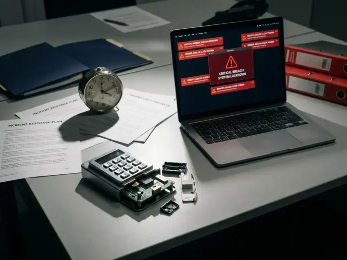 Gebroken digitaal slot op kantoorbureau naast laptop met rode waarschuwingen en incident response documenten, tikkende analoge klok.