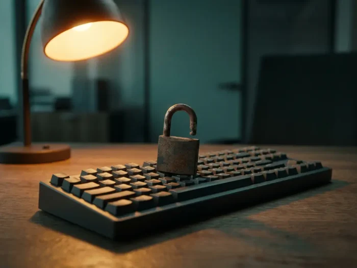 Gebroken, verroest hangslot op een modern toetsenbord, symboliseert een datalek of cyberaanvraag, dramatisch belicht in teal en amber tinten.