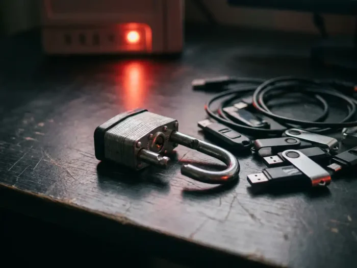 Gebroken stalen hangslot op donker bureau omringd door USB-sticks en kabels, rood waarschuwingslicht werpt dramatische schaduwen.