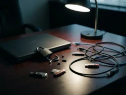 Gebroken hangslot op een zakelijk bureau naast een laptop, USB-sticks en ethernet kabels, symboliseert een datalek of cyberaanval.