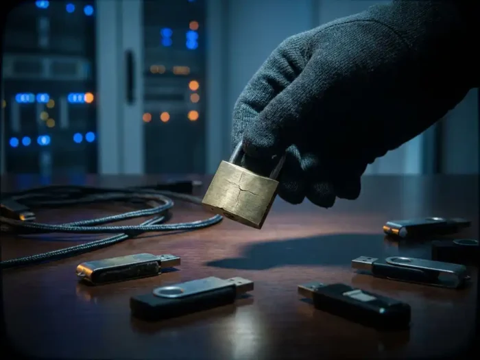 Gehandschoende hand met gebarsten hangslot boven donker bureau, omringd door USB-sticks en kabels, blauwe serverruimte op achtergrond.