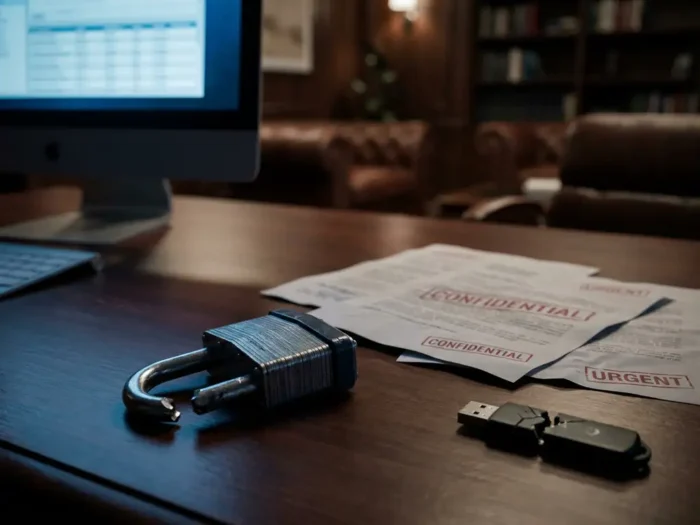 Gebroken hangslot op zakelijk bureau naast vertrouwelijke documenten en gebarsten USB-stick, blauw monitorlicht, dataleksfeer.