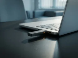 Verdachte USB-stick in laptop op kantoorbureau, met amberkleurige gloed en dramatische schaduw die een verborgen dreiging suggereren.