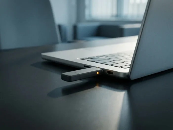 Verdachte USB-stick in laptop op kantoorbureau, met amberkleurige gloed en dramatische schaduw die een verborgen dreiging suggereren.