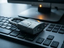 Beschadigd stalen hangslot met krasschade op een modern kantoortoetsenbord, verlicht door een amberkleurige monitorgloed.
