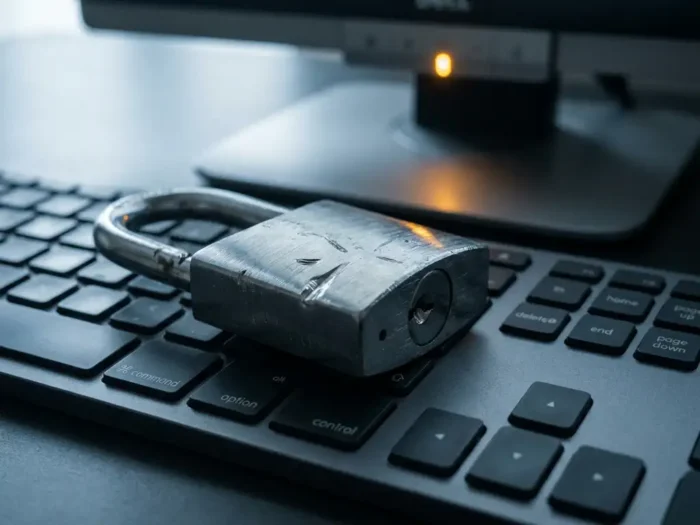 Beschadigd stalen hangslot met krasschade op een modern kantoortoetsenbord, verlicht door een amberkleurige monitorgloed.
