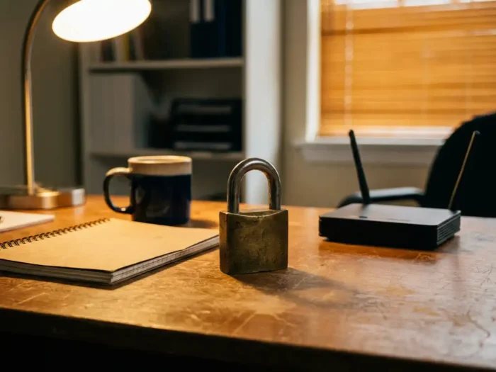 Hangslot op houten bureau met notitieboek, koffiemok en router, symbool voor cybersecurity voor het mkb.