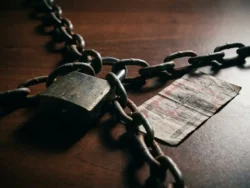 Verroest hangslot omwikkeld met zware kettingen naast verkreukeld bankbiljet op donker bureau, dramatische zijverlichting.