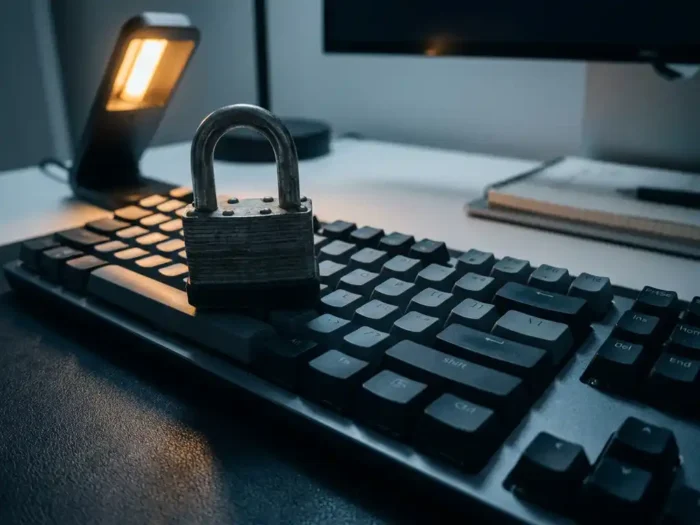 Stalen hangslot op een modern toetsenbord, dramatische zijverlichting benadrukt cybersecurity en gegevensbeveiliging op de werkplek.