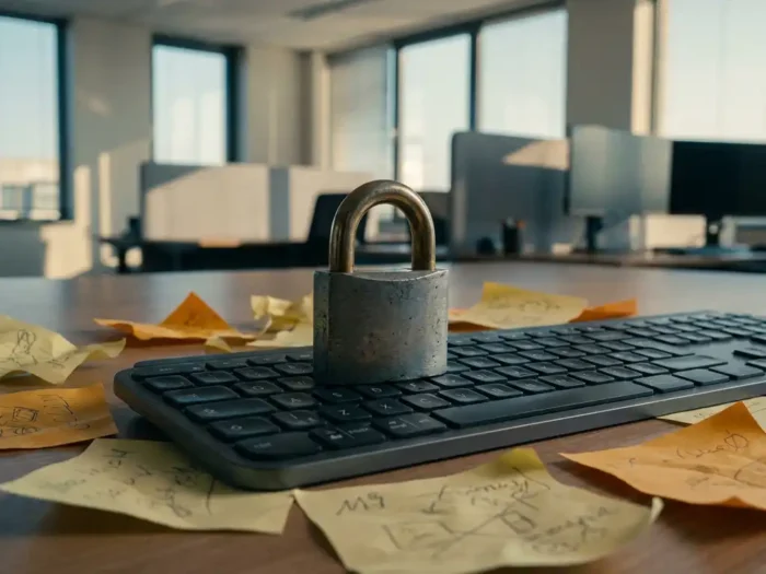Fysiek hangslot op kantoortoetsenbord met sticky notes, symbool voor wachtwoordbeveiliging op de werkplek.