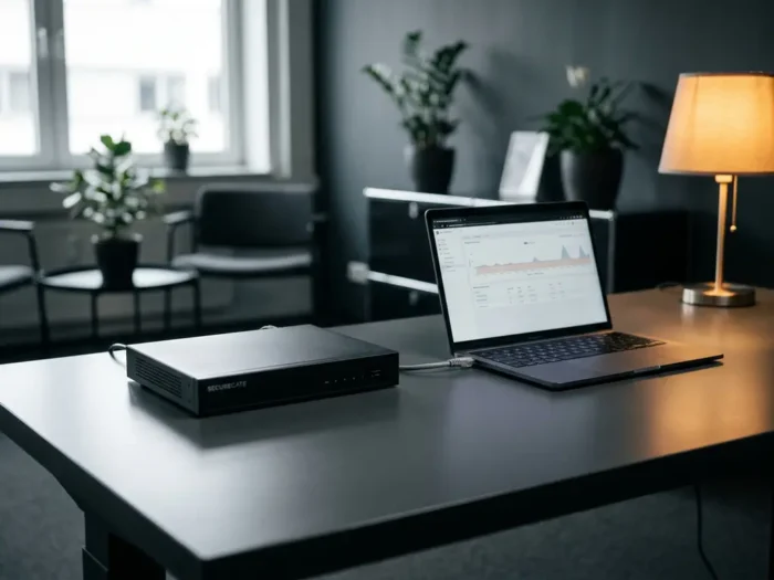 Compacte zwarte hardware firewall op kantoorbureau naast open laptop, verbonden via ethernetkabel, zakelijke werkomgeving.