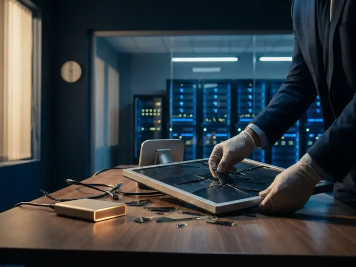 Gebroken computermonitor wordt zorgvuldig gerepareerd op een bedrijfsbureau, met een gloeiende back-upschijf en serverruimte op de achtergrond.