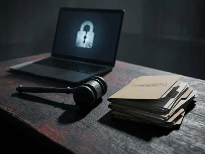 Ijzeren rechtershamer op donker eiken naast vertrouwelijke documenten, met laptop en opengebroken hangslot op de achtergrond.