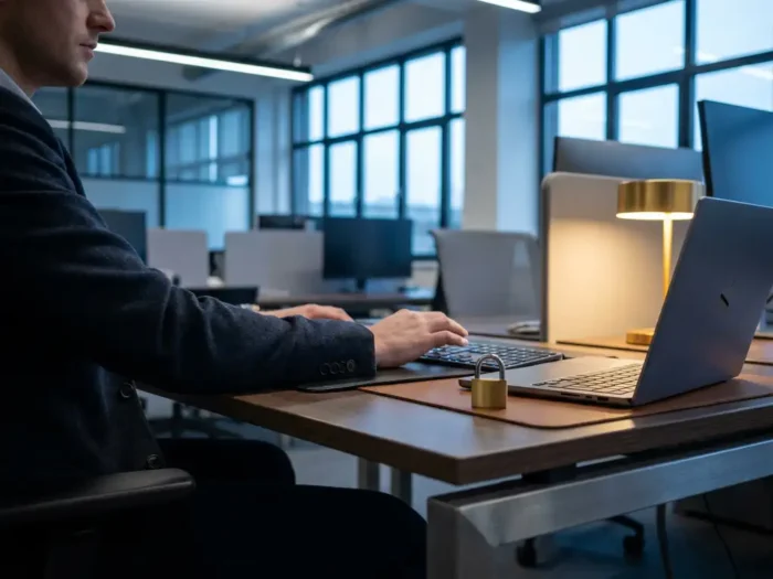 Kantoormedewerker aarzelt boven toetsenbord naast hangslot op modern bureau, symboliseert digitale beveiliging en cybersecurity.