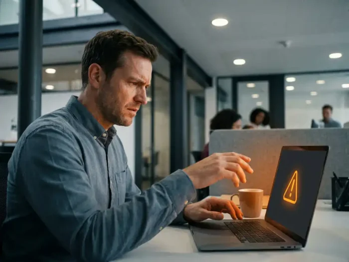 Gespannen kantoormedewerker met hand boven toetsenbord, starend naar laptopscherm met oranje waarschuwingslicht in modern MKB-kantoor.