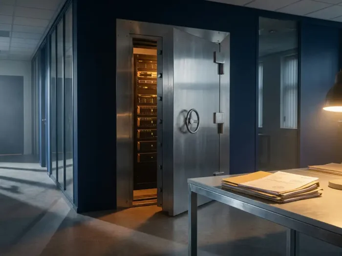 Stalen kluisdeur op een kier in Nederlands kantoor, met gloeiend serverrek zichtbaar en officiële documenten op bureau op de voorgrond.