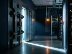 Zware stalen kluisdeur op een kier in een donkere serverruimte, met een smalle lichtstraal op de betonnen vloer en een amber waarschuwingslicht.